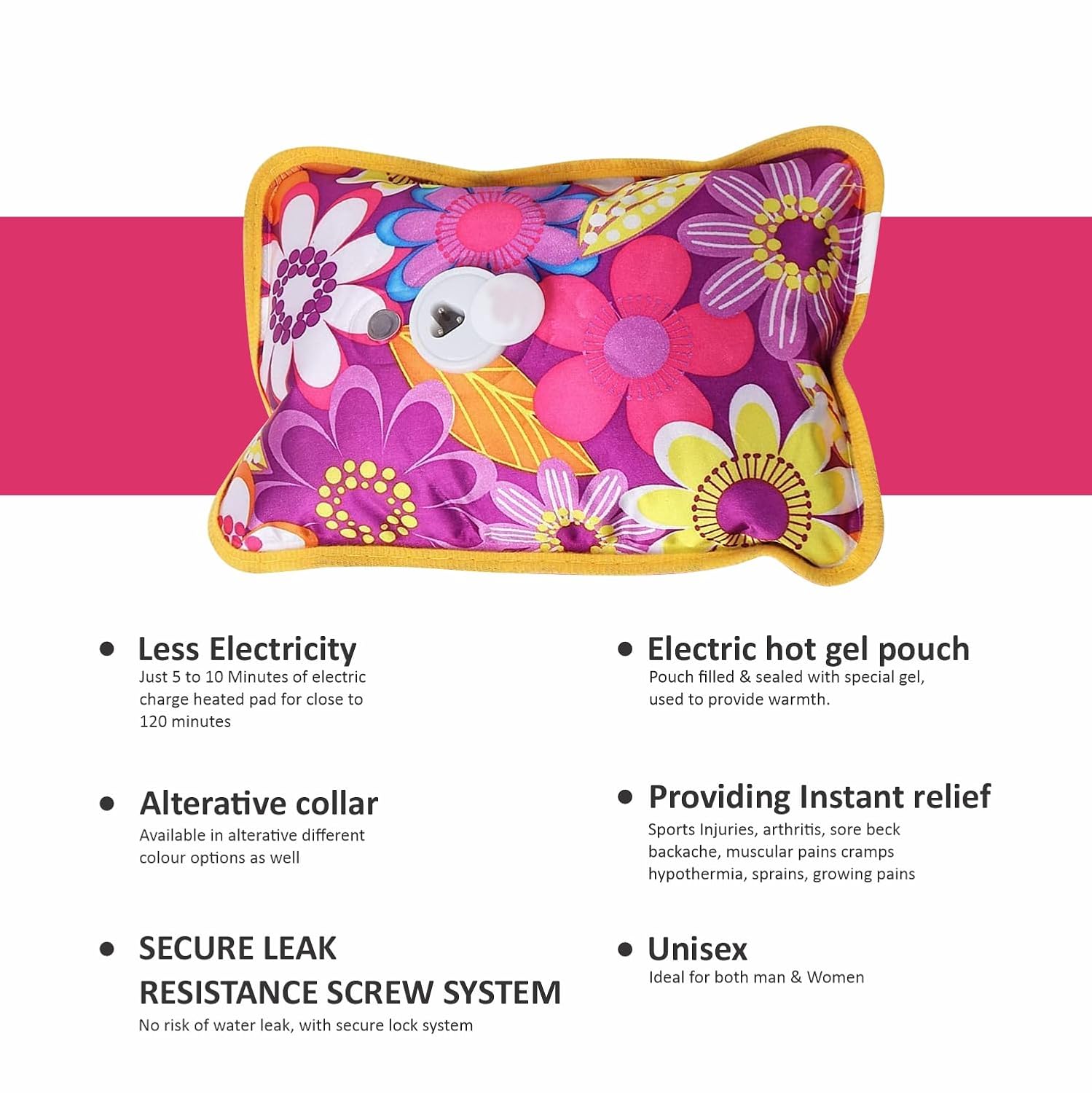 Electric Rechargeable Hot Gel Bag for Pain Relief - Floral Print Heat Pad with Auto-Cut leak-Proof Design